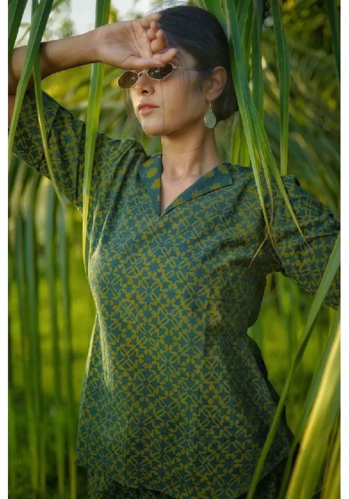 Green Handloom Kurta Pant with Criss-cross Ajrakh Hand-Block Prints-1.webp